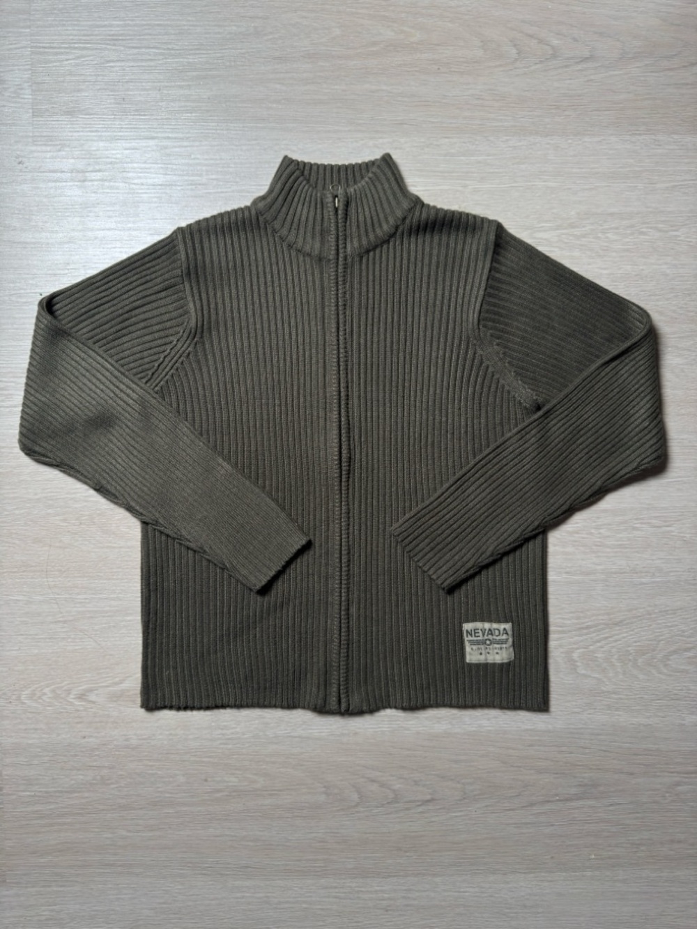 Vintage Olive Military Ribbed Zip-Up Sweater